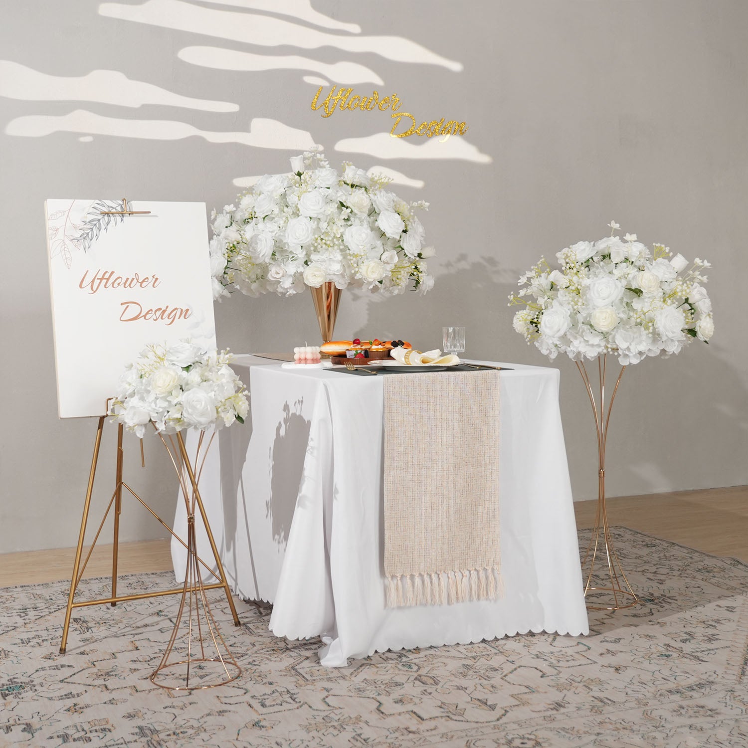 Uflower White Rose Baby's Breath Flower Ball For Table Centerpieces